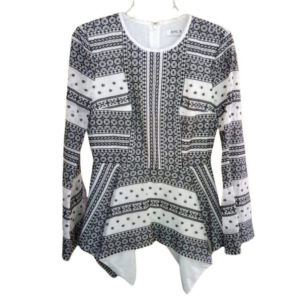 Amur NWT Embroidered Blouse 0 Black & White Silk